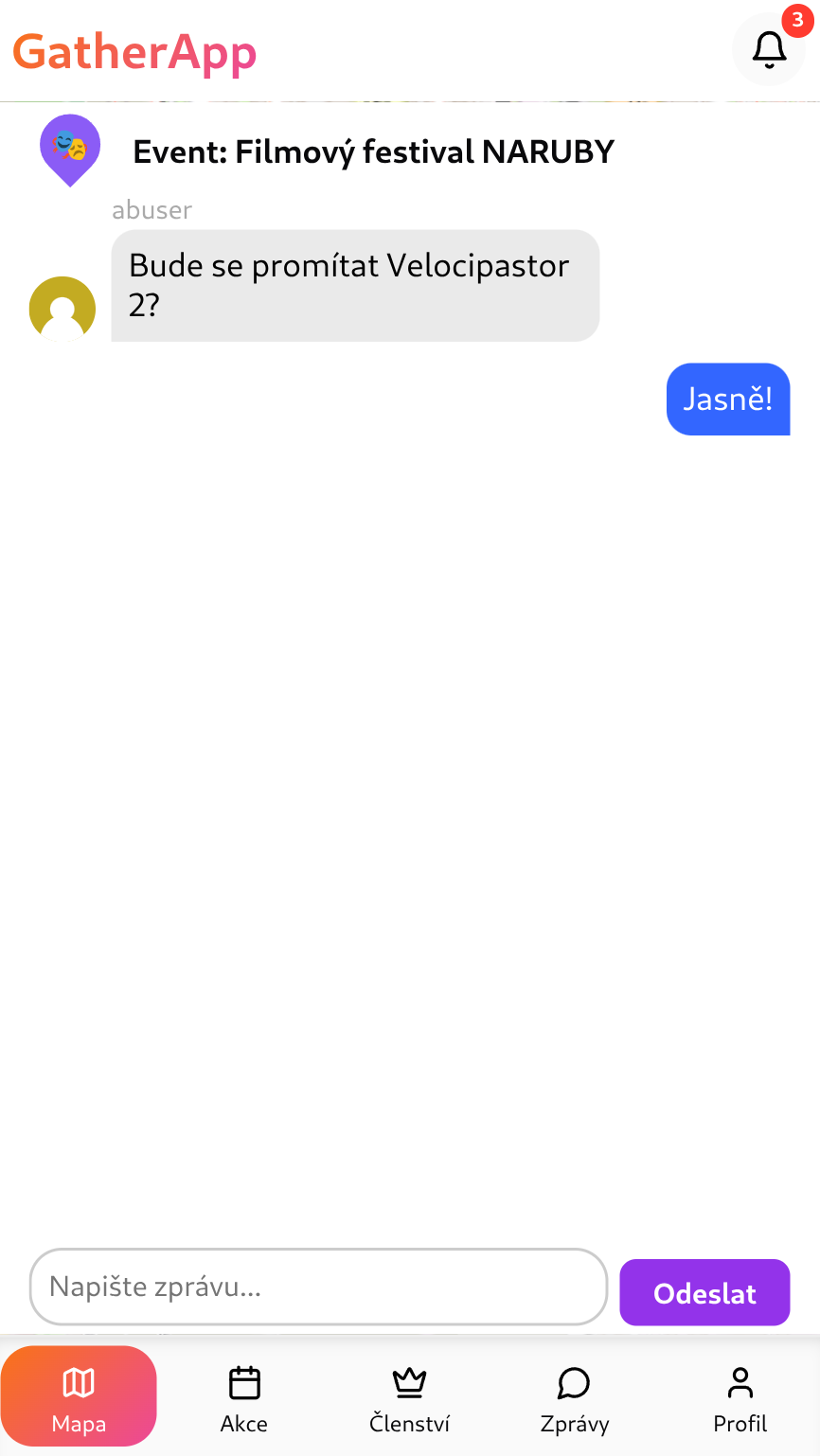 GatherApp mobilní aplikace – přehled akcí na mapě s filtry